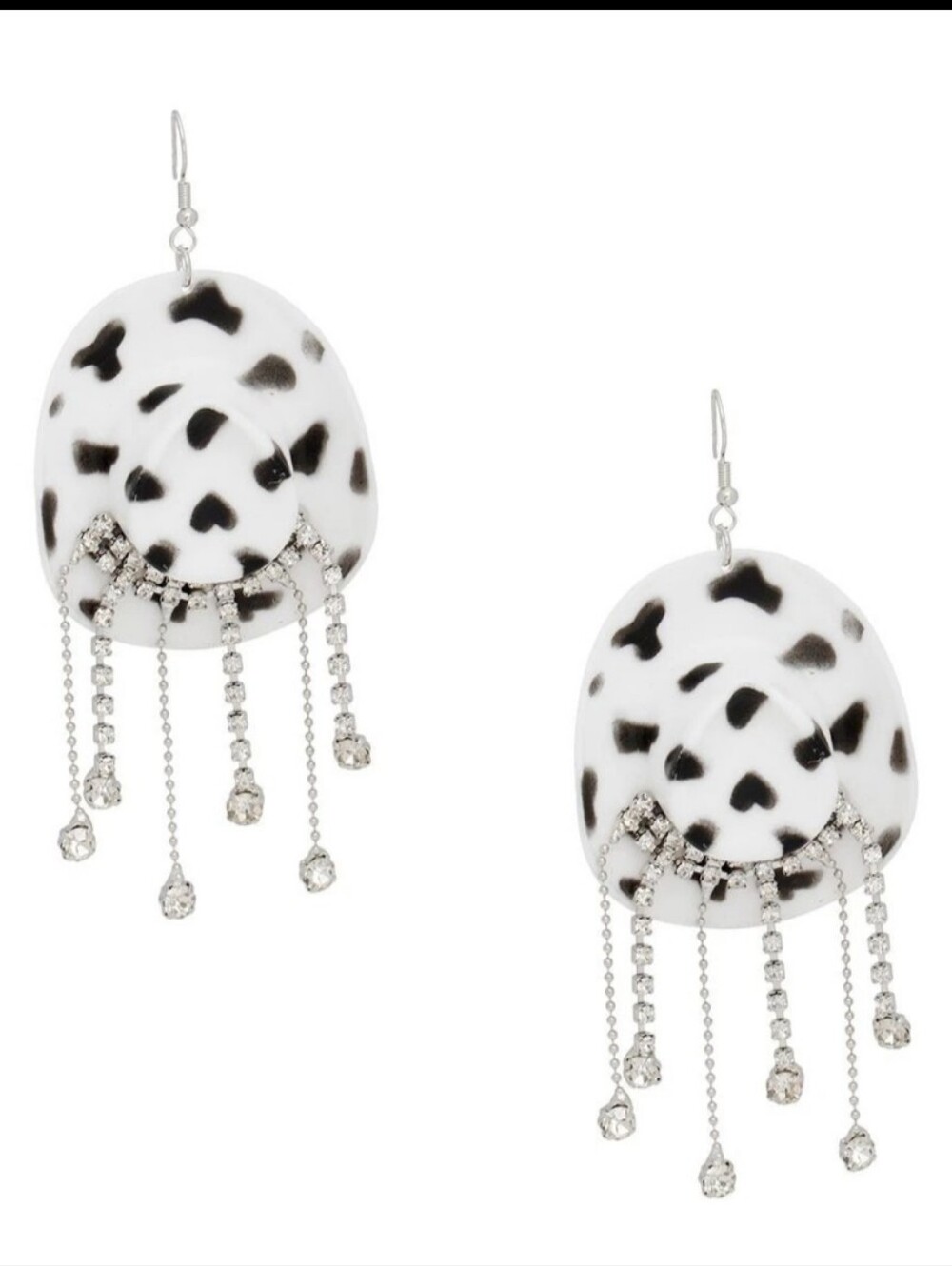 Hand Crafted Bold Black & White Western Hat Drop Earrings with Rhinestone Fringe - Picture 6 of 8
